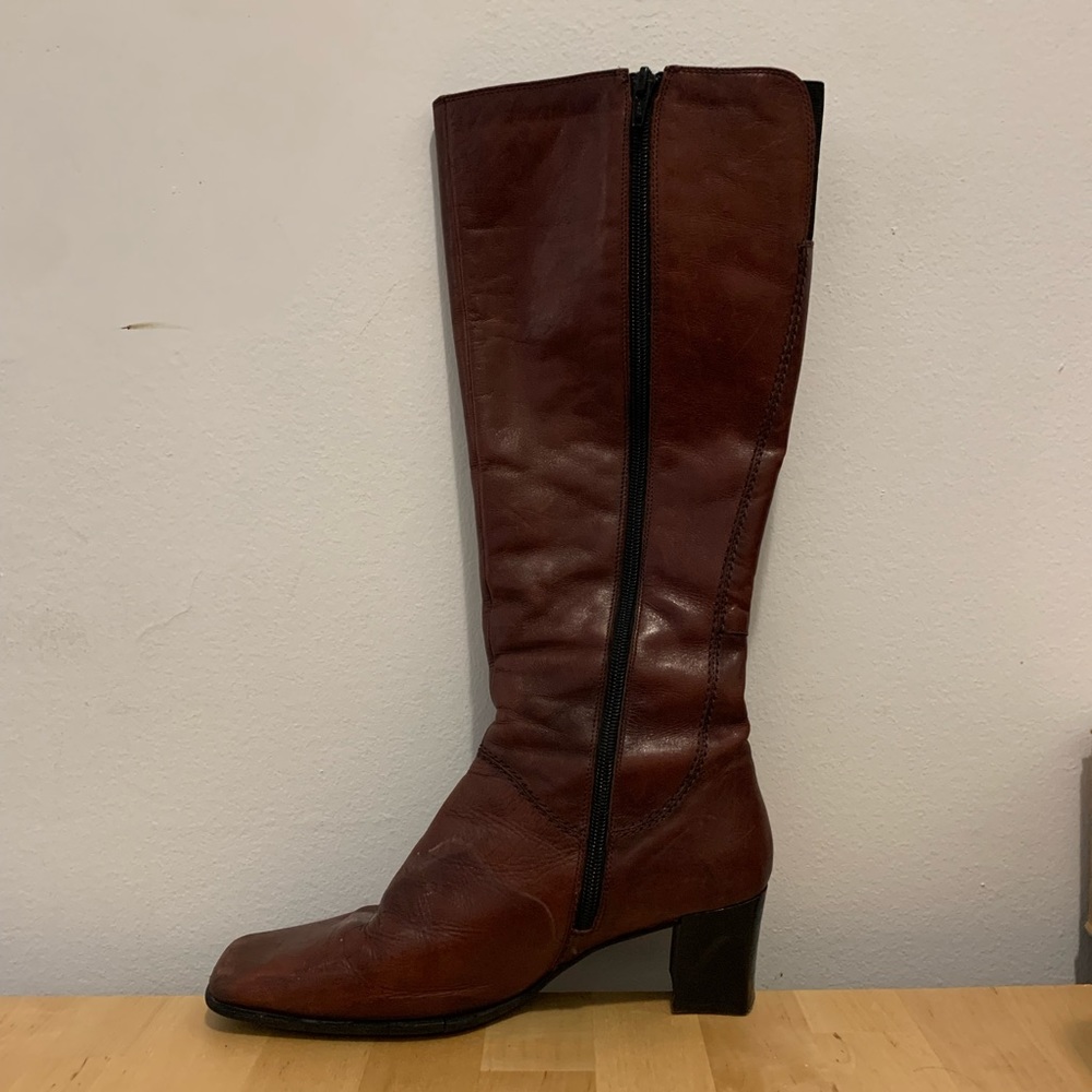 Maroon leather square-toe knee-high boots